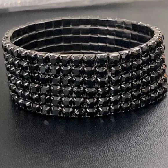 Black 6-Row Rhinestone Stretch Fit Bracelet - Picture 5 of 5